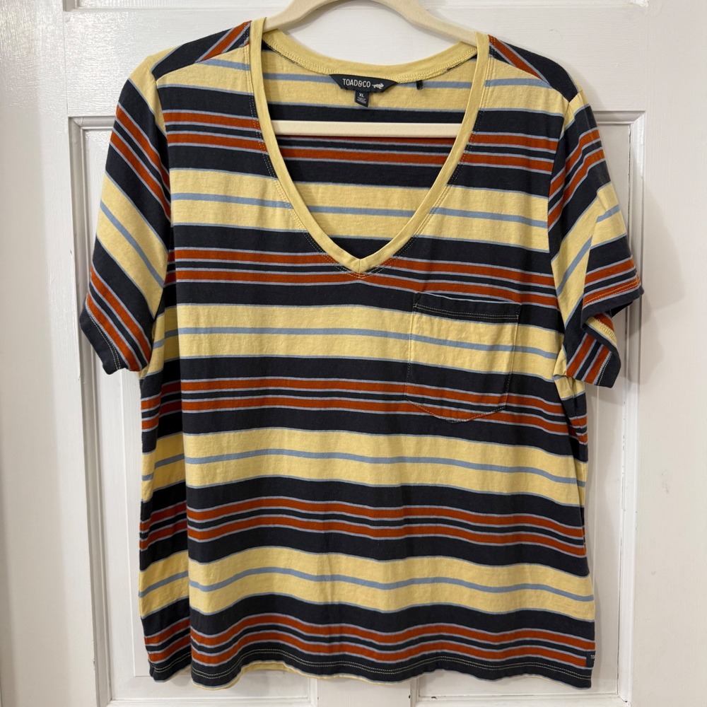 Toad&Co Striped Grom V Neck Tee XL Organic Cotton Hemp Gorpcore Sustainable